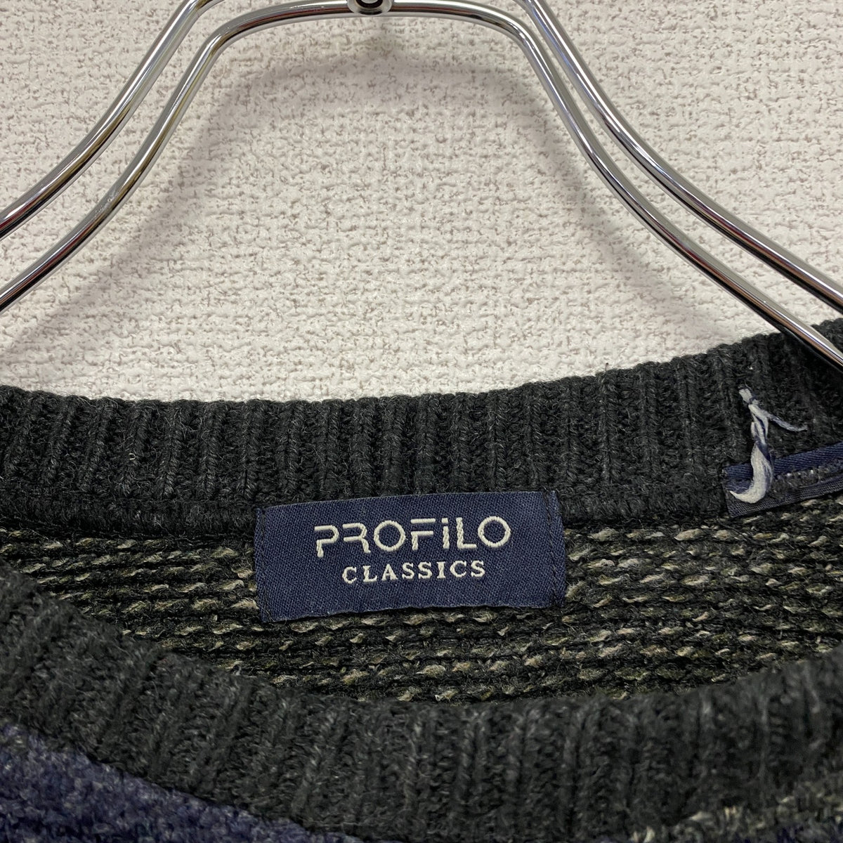 PROFILO CLASSICS　ニットセーター　ボーダー柄　無地　クルーネック　マルチカラー　灰色　グレー　古着