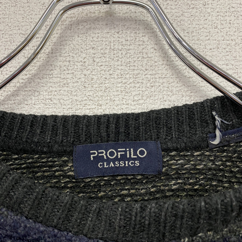 PROFILO CLASSICS　ニットセーター　ボーダー柄　無地　クルーネック　マルチカラー　灰色　グレー　古着
