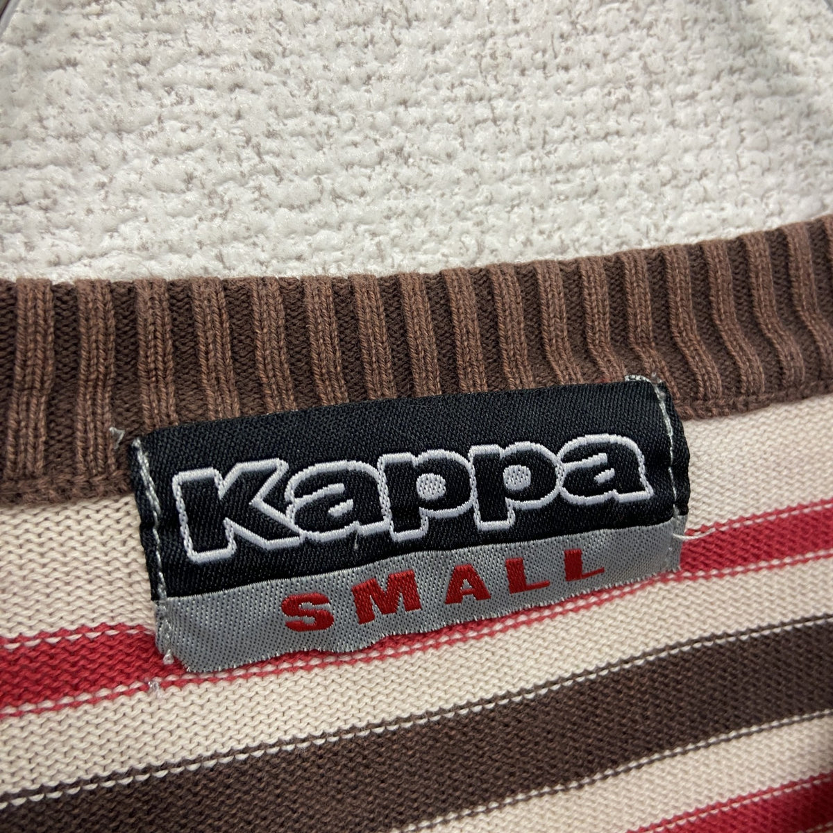 Kappa　カッパ　コットンニットセーター　ボーダー柄　刺繍ロゴ　ワンポイント　クルーネック　茶色　ブラウン　Sサイズ　古着