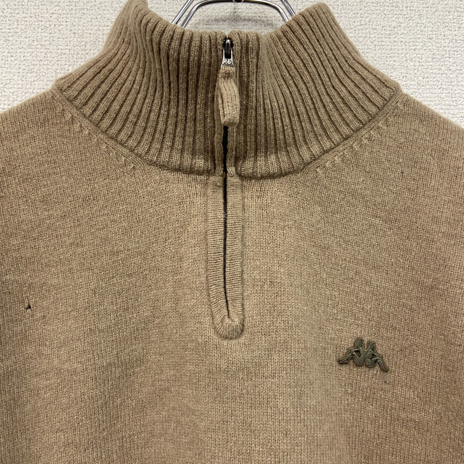 Kappa　カッパ　ハーフジップウールニットセーター　ワンポイント　刺繍ロゴ　ハイネック　ベージュ　2XLサイズ　古着