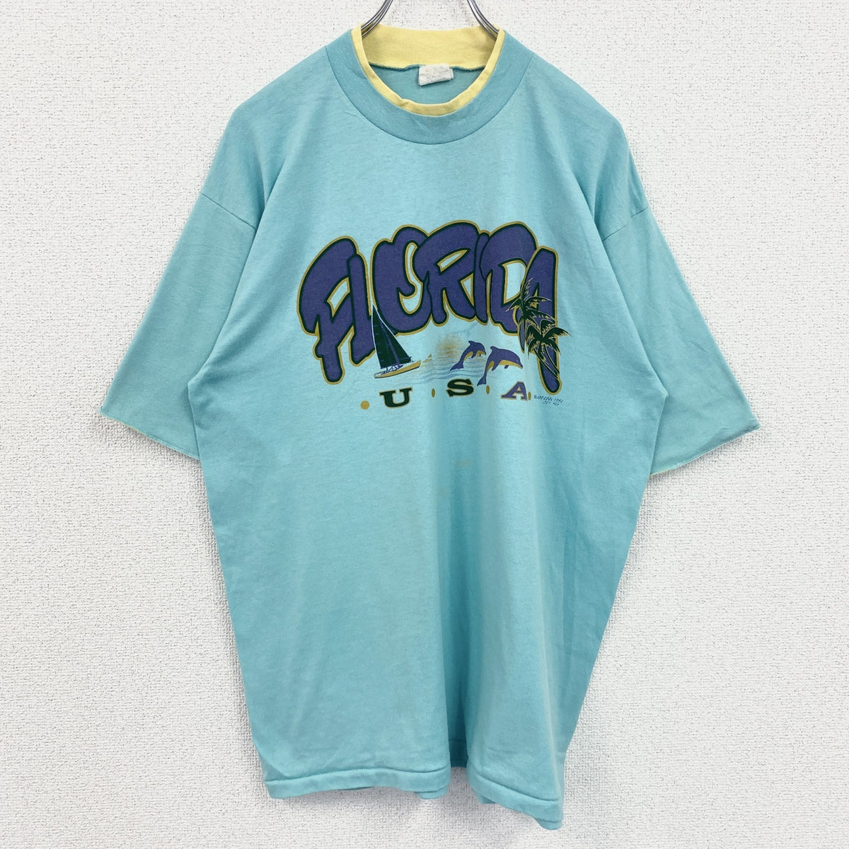 90s　1994　半袖プリントTシャツ　ヴィンテージ　クルーネック　レトロデザイン　水色　ライトブルー　XLサイズ　古着