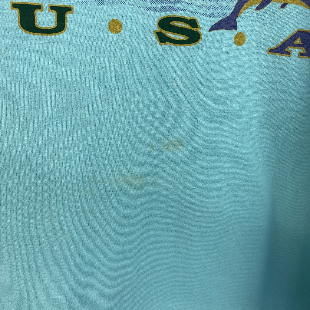 90s　1994　半袖プリントTシャツ　ヴィンテージ　クルーネック　レトロデザイン　水色　ライトブルー　XLサイズ　古着