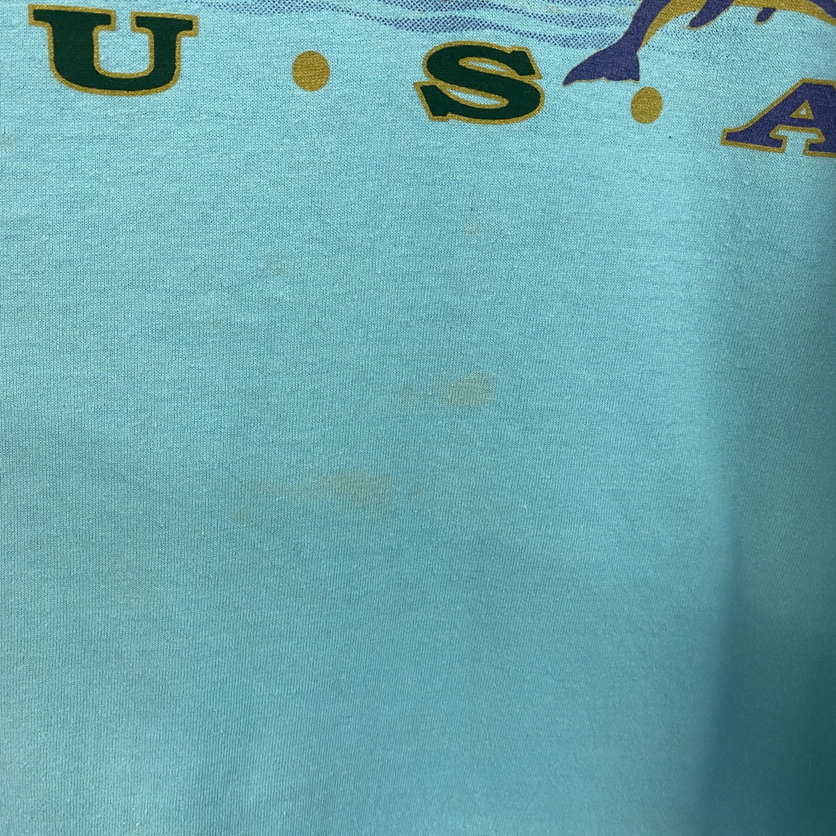 90s　1994　半袖プリントTシャツ　ヴィンテージ　クルーネック　レトロデザイン　水色　ライトブルー　XLサイズ　古着