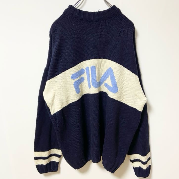 古着 used　FILA フィラ　長袖ロゴデザインニット　セーター　ネイビー　マルチカラー　ビックシルエット　XLサイズ