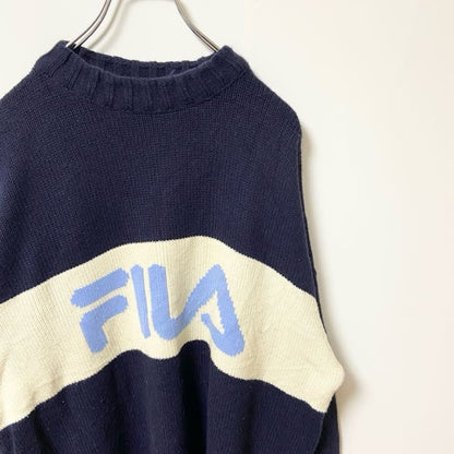 古着 used　FILA フィラ　長袖ロゴデザインニット　セーター　ネイビー　マルチカラー　ビックシルエット　XLサイズ