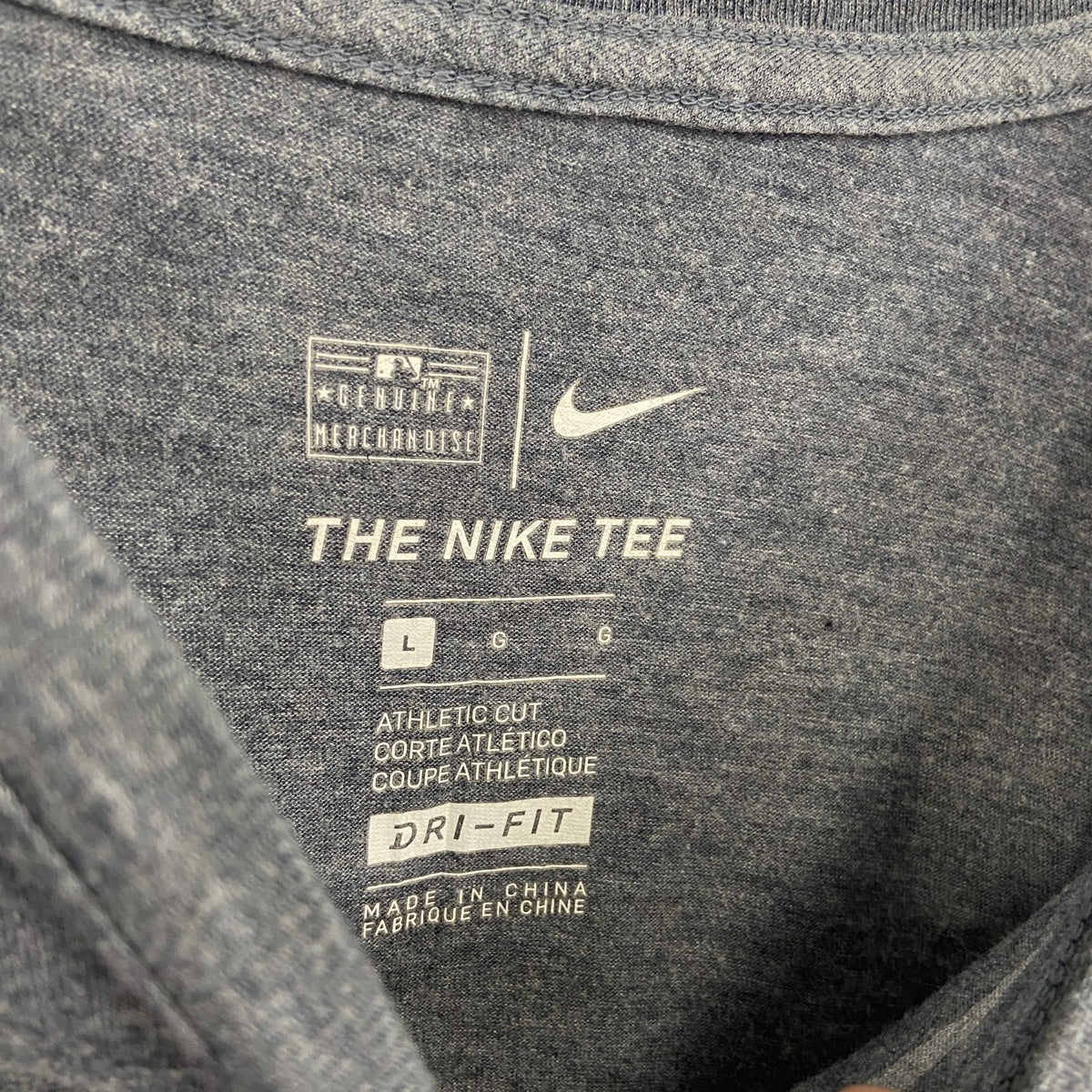 NIKE ナイキ　半袖プリントTシャツ　DRI-FIT　スウッシュロゴ　グレー　灰色　クルーネック　カジュアル　Lサイズ　古着