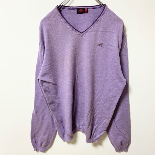 古着 used　ROBE DI KAPPA カッパ　長袖Vネックニット　セーター　ワンポイント刺繍　シンプル　紫　Lサイズ