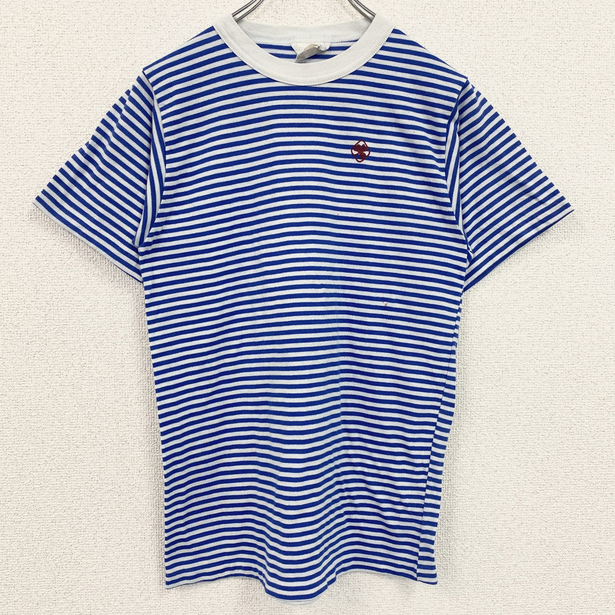 90s　半袖ボーダー柄Tシャツ　ワンポイントプリント　クルーネック　青白　クローバー　シングルステッチ　レトロ　　ヴィンテージ　古着