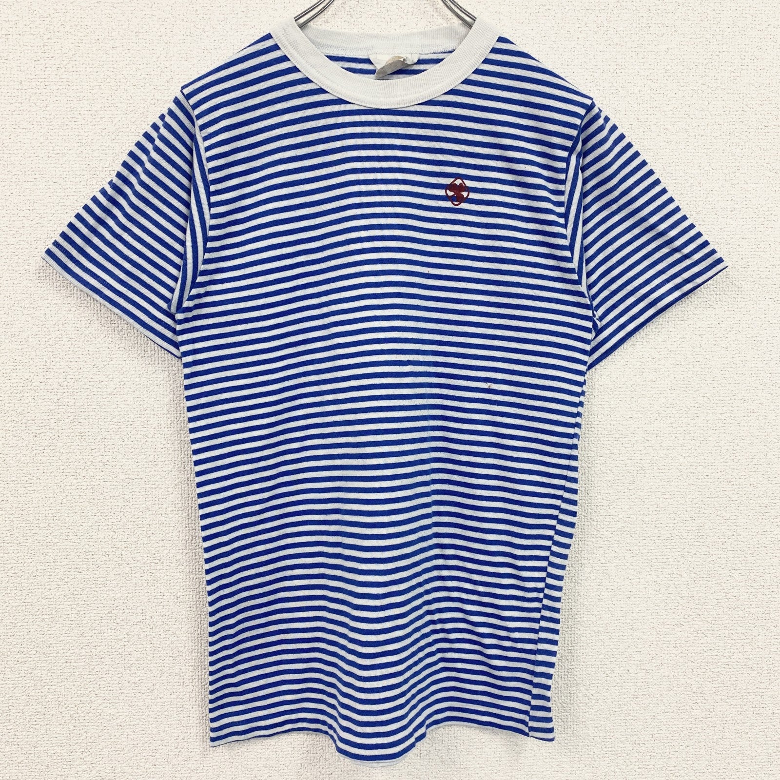 90s　半袖ボーダー柄Tシャツ　ワンポイントプリント　クルーネック　青白　クローバー　シングルステッチ　レトロ　　ヴィンテージ　古着