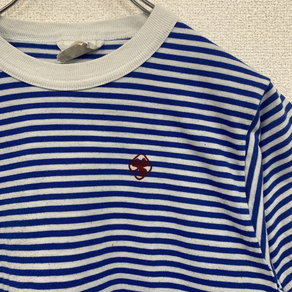 90s　半袖ボーダー柄Tシャツ　ワンポイントプリント　クルーネック　青白　クローバー　シングルステッチ　レトロ　　ヴィンテージ　古着