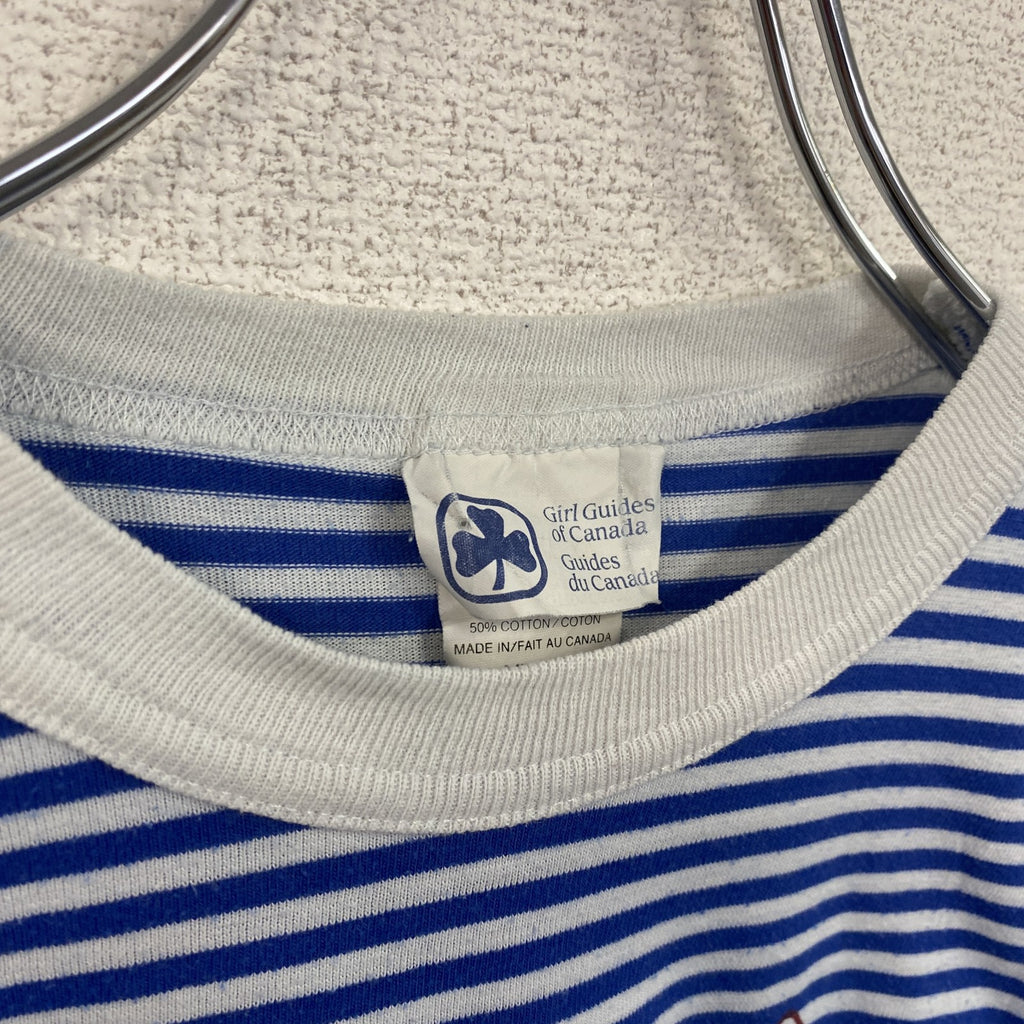 90s　半袖ボーダー柄Tシャツ　ワンポイントプリント　クルーネック　青白　クローバー　シングルステッチ　レトロ　　ヴィンテージ　古着