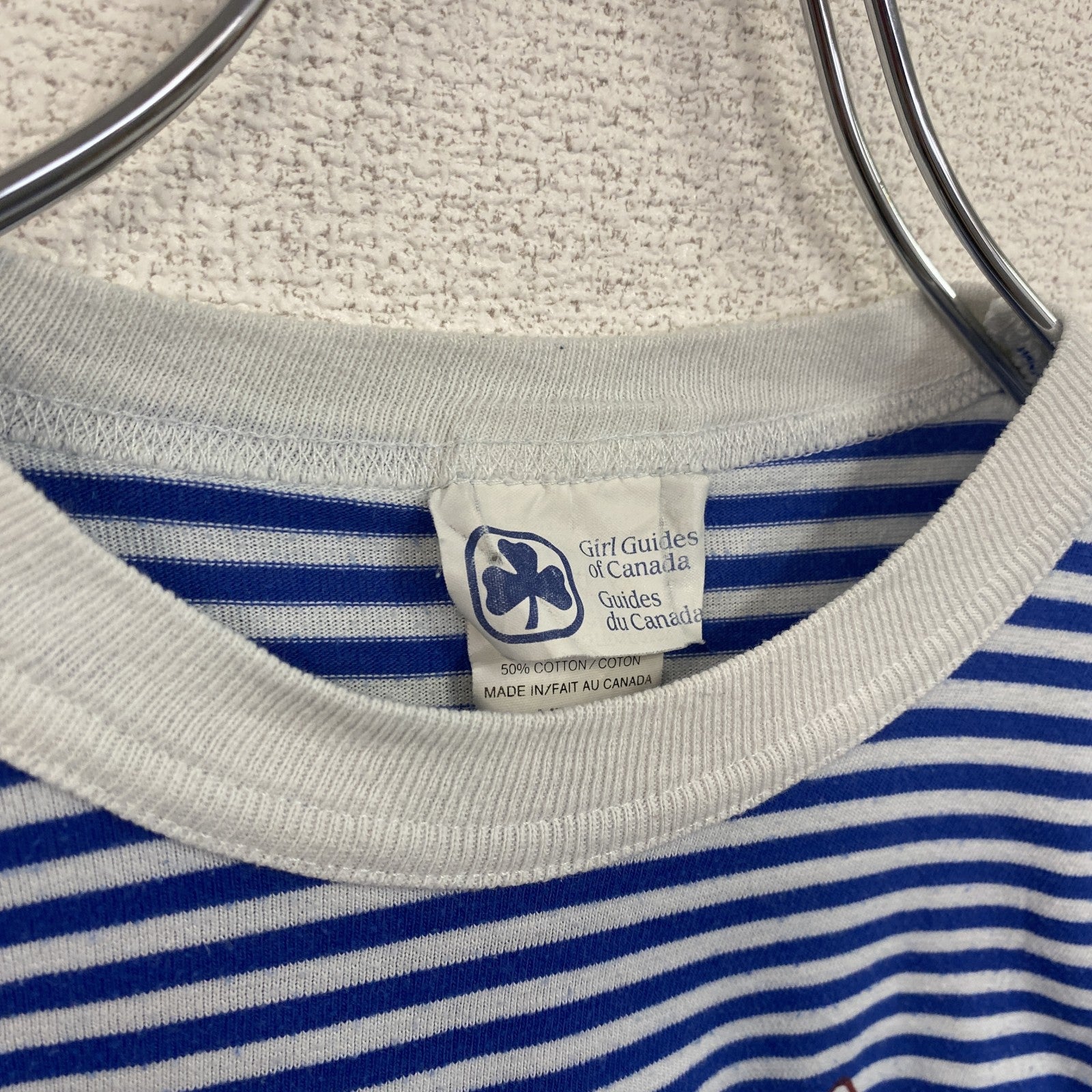 90s　半袖ボーダー柄Tシャツ　ワンポイントプリント　クルーネック　青白　クローバー　シングルステッチ　レトロ　　ヴィンテージ　古着