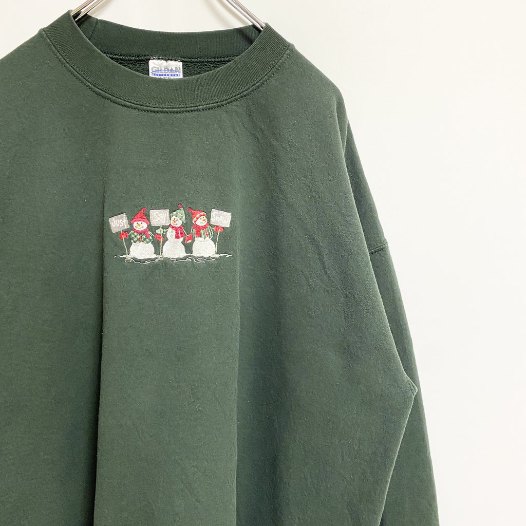 00s　GILDAN　ギルダン　スウェット/トレーナー　フェード　雪だるま　クルーネック　ヴィンテージ　緑　グリーン　XLサイズ　古着