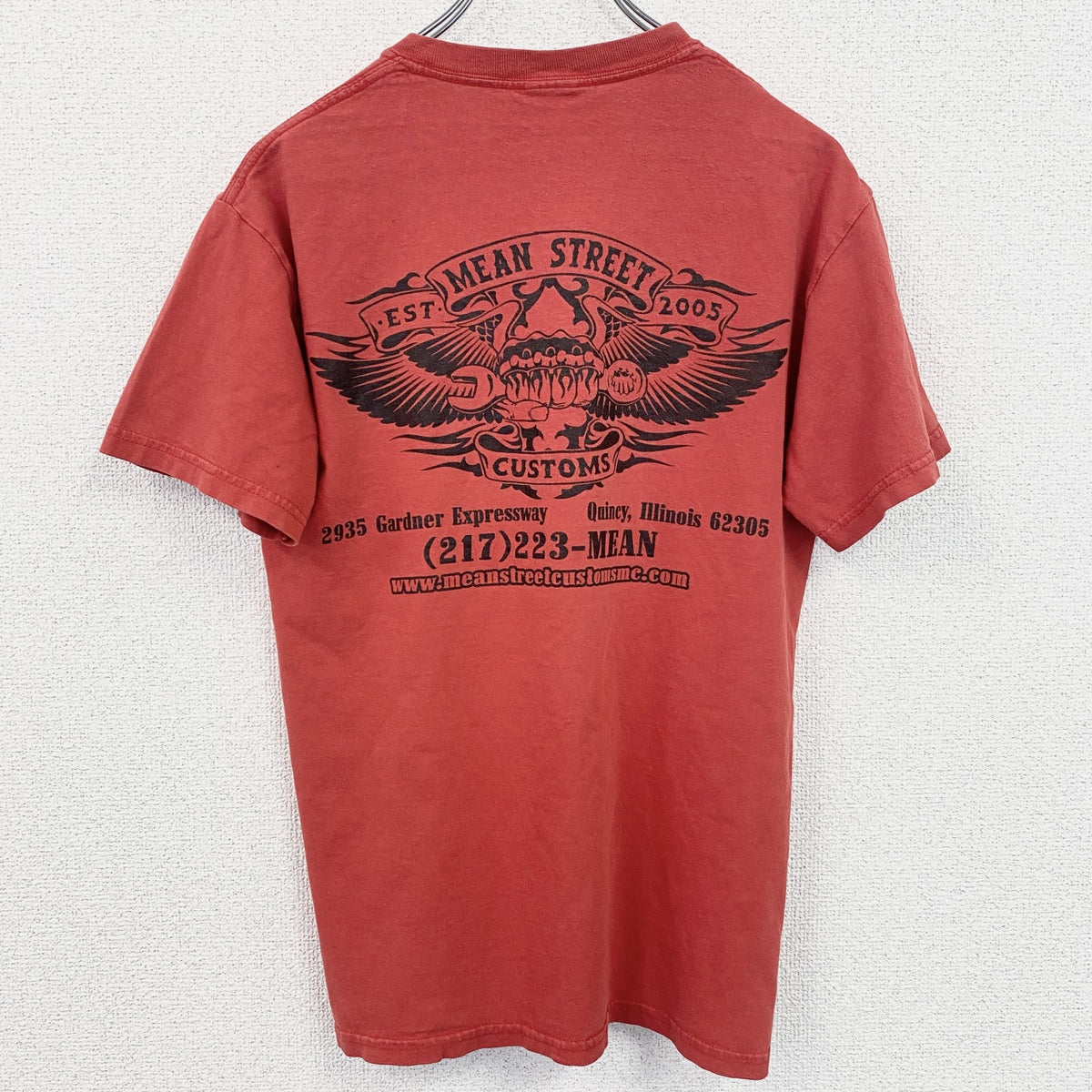 半袖ワンポイントTシャツ　バックプリント　クルーネック　MEAN STREET　レトロ　赤　レッド　古着