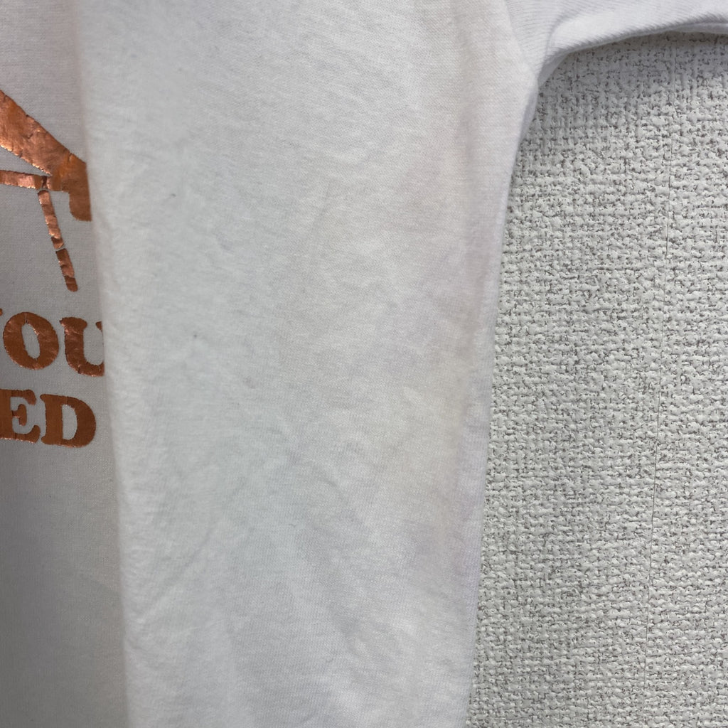 半袖プリントTシャツ　レトロデザイン　ヴィンテージ　クルーネック　シングルステッチ　90s　白　ホワイト　古着