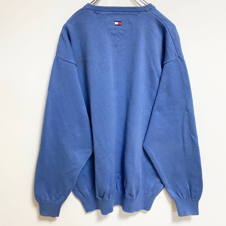 TOMMYHILFIGER　トミーヒルフィガー　長袖Vネックワンポイント刺繍スウェット　トレーナー　水色　Lサイズ　古着