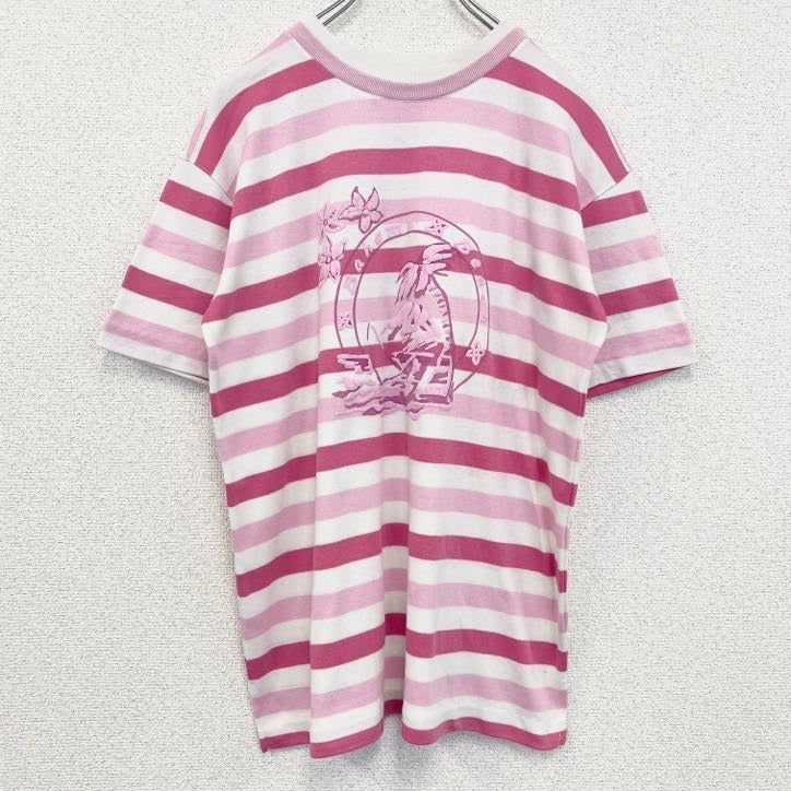 半袖プリントTシャツ　レトロデザイン　クルーネック　シングルステッチ　ヴィンテージ　ボーダー　バハマ　ピンク　古着
