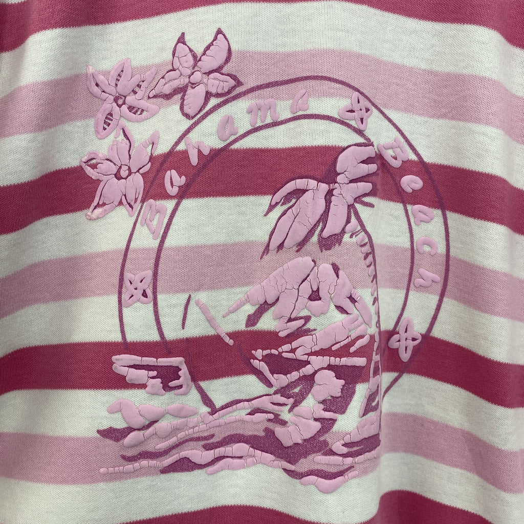 半袖プリントTシャツ　レトロデザイン　クルーネック　シングルステッチ　ヴィンテージ　ボーダー　バハマ　ピンク　古着