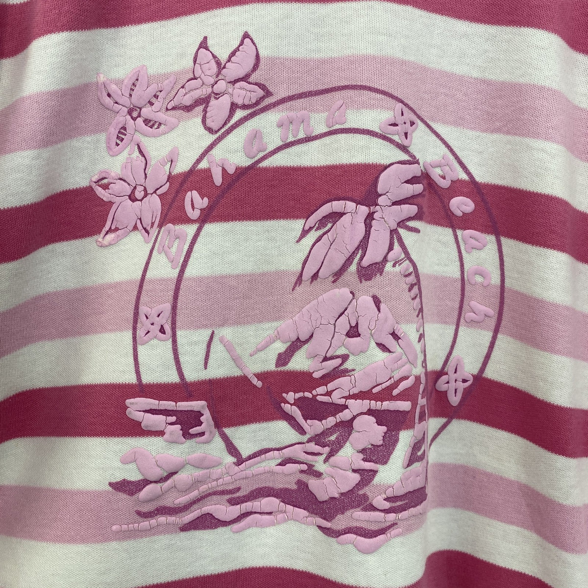 半袖プリントTシャツ　レトロデザイン　クルーネック　シングルステッチ　ヴィンテージ　ボーダー　バハマ　ピンク　古着