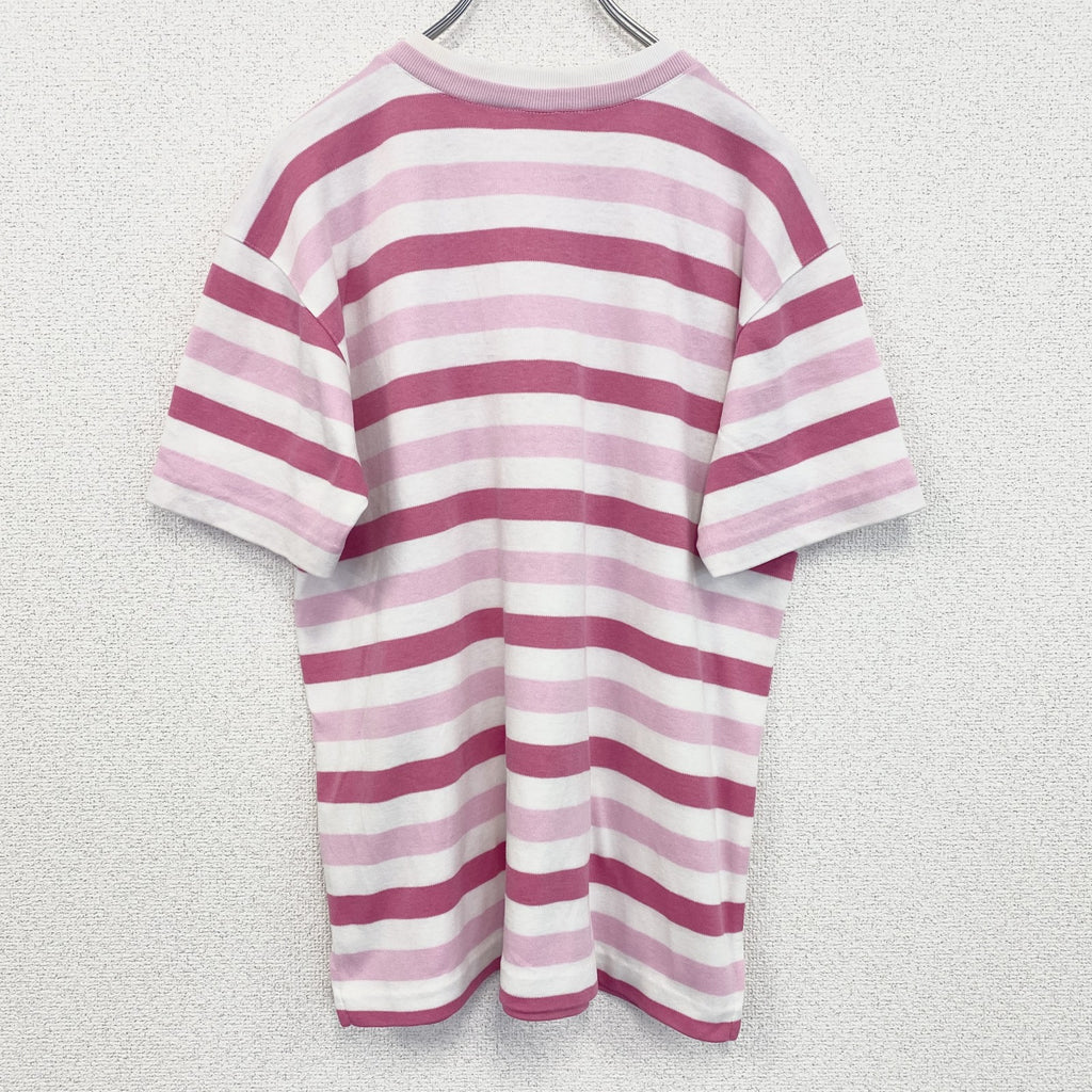 半袖プリントTシャツ　レトロデザイン　クルーネック　シングルステッチ　ヴィンテージ　ボーダー　バハマ　ピンク　古着