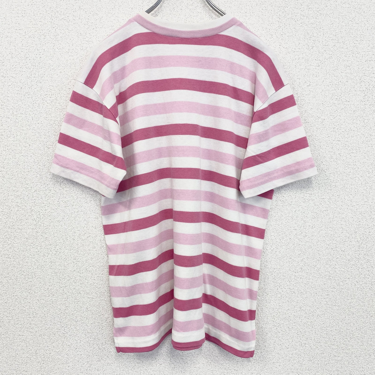 半袖プリントTシャツ　レトロデザイン　クルーネック　シングルステッチ　ヴィンテージ　ボーダー　バハマ　ピンク　古着