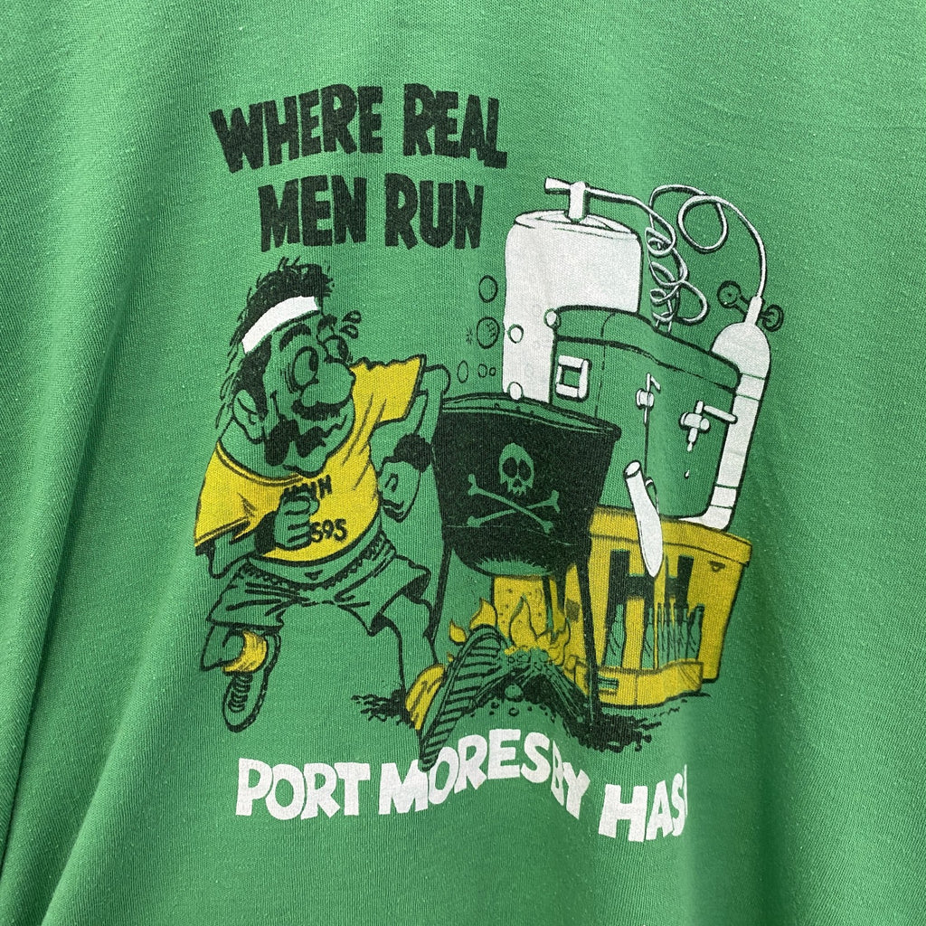 80s～　半袖プリントTシャツ　Vネック　6連プリント　両面プリント　シングルステッチ　クルーネック　ヴィンテージ　緑　グリーン　古着