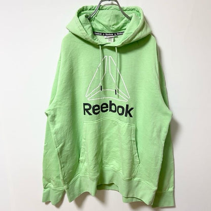 古着 used　Reebok リーボック　長袖ロゴプリントパーカー　スウェット　黄緑色　蛍光　Lサイズ