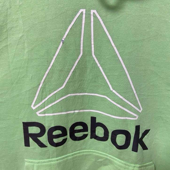 古着 used　Reebok リーボック　長袖ロゴプリントパーカー　スウェット　黄緑色　蛍光　Lサイズ