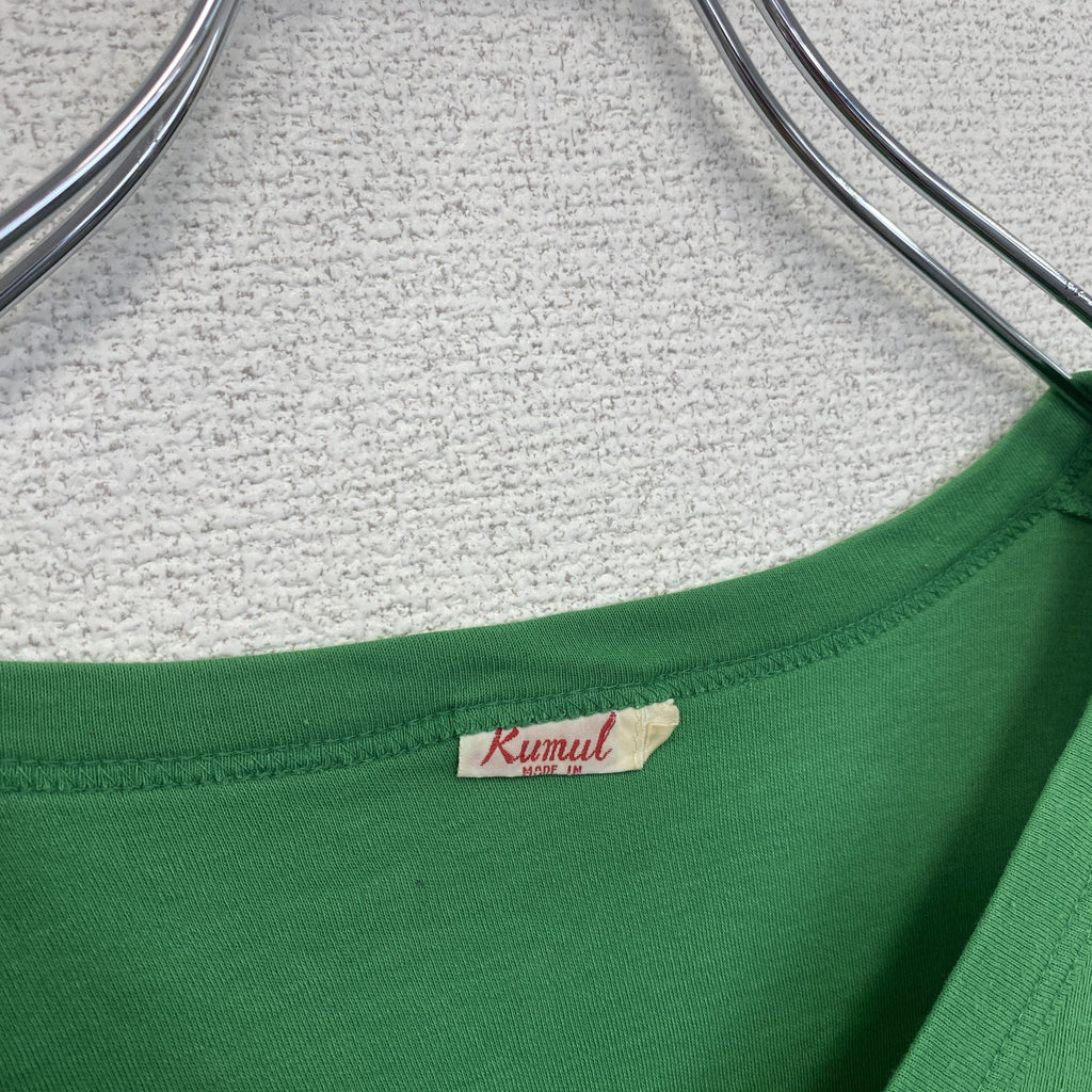 80s～　半袖プリントTシャツ　Vネック　6連プリント　両面プリント　シングルステッチ　クルーネック　ヴィンテージ　緑　グリーン　古着