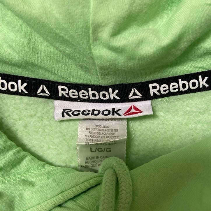 古着 used　Reebok リーボック　長袖ロゴプリントパーカー　スウェット　黄緑色　蛍光　Lサイズ