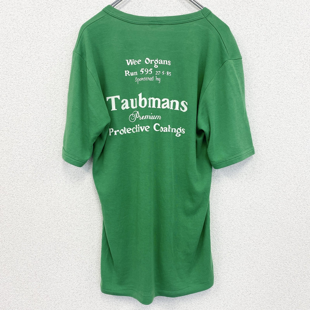 80s～　半袖プリントTシャツ　Vネック　6連プリント　両面プリント　シングルステッチ　クルーネック　ヴィンテージ　緑　グリーン　古着