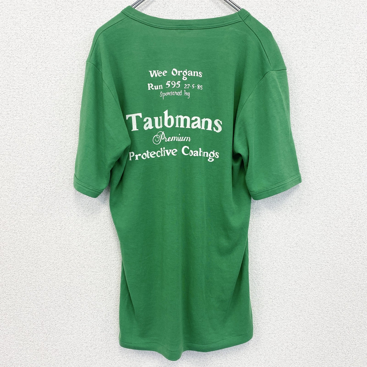 80s～　半袖プリントTシャツ　Vネック　6連プリント　両面プリント　シングルステッチ　クルーネック　ヴィンテージ　緑　グリーン　古着