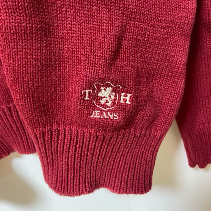 古着 used　TOMMY JEANS トミージーンズ　長袖ハーフジップニット　セーター　ハイネック　ワンポイント刺繍　Sサイズ