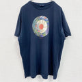 　半袖プリントTシャツ　葉っぱ　リーフ　花　フラワー　紺　ネイビー　レトロデザイン　クルーネック　XLサイズ　古着