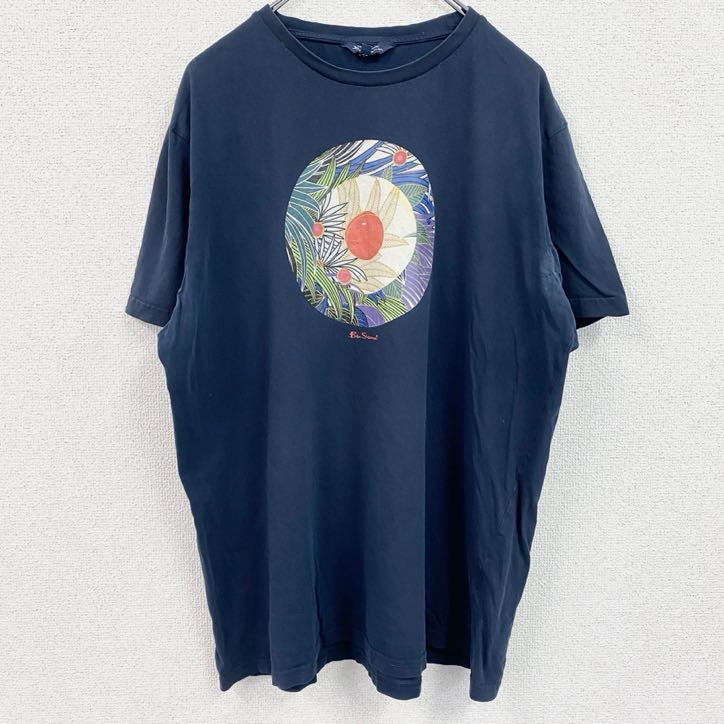 　半袖プリントTシャツ　葉っぱ　リーフ　花　フラワー　紺　ネイビー　レトロデザイン　クルーネック　XLサイズ　古着
