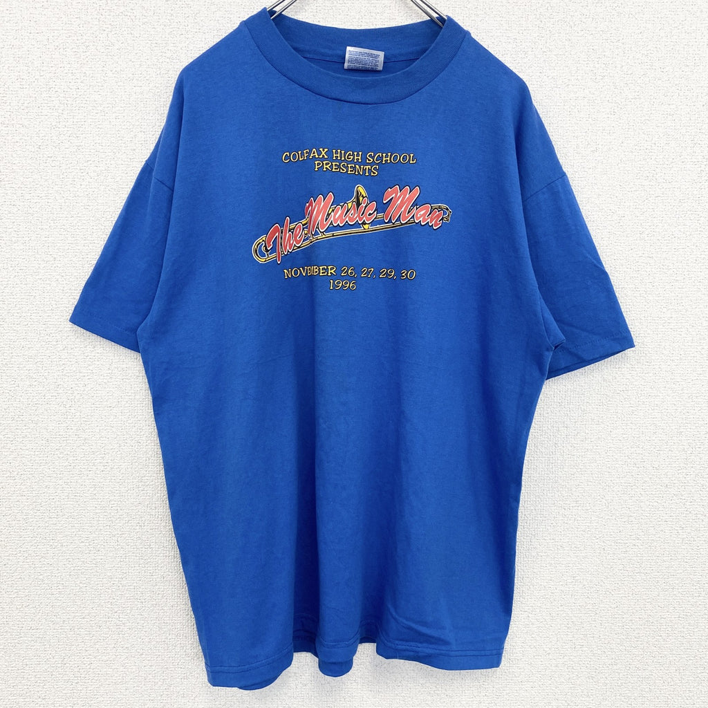 90s　半袖プリントTシャツ　5連プリント　シングルステッチ　ミュージック　カレッジロゴ　ヴィンテージ　青　ブルー　Lサイズ　古着