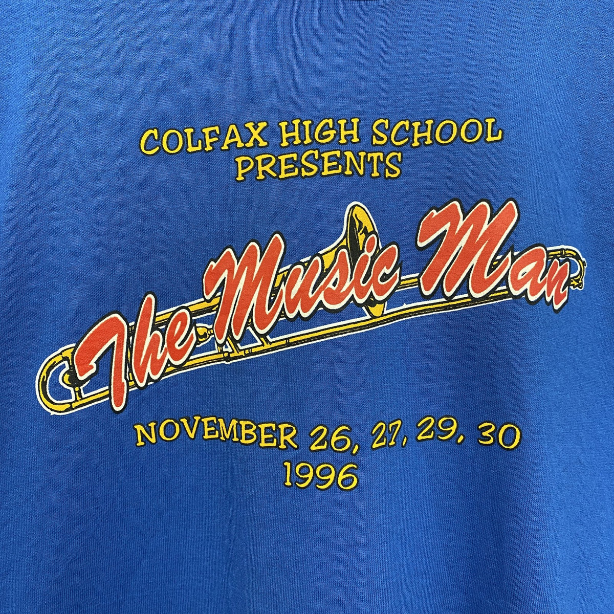 90s　半袖プリントTシャツ　5連プリント　シングルステッチ　ミュージック　カレッジロゴ　ヴィンテージ　青　ブルー　Lサイズ　古着