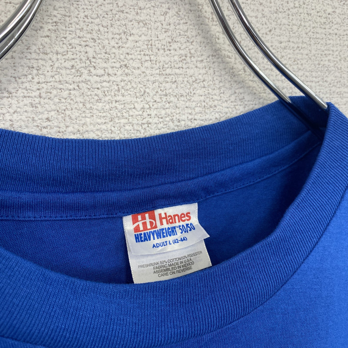 90s　半袖プリントTシャツ　5連プリント　シングルステッチ　ミュージック　カレッジロゴ　ヴィンテージ　青　ブルー　Lサイズ　古着