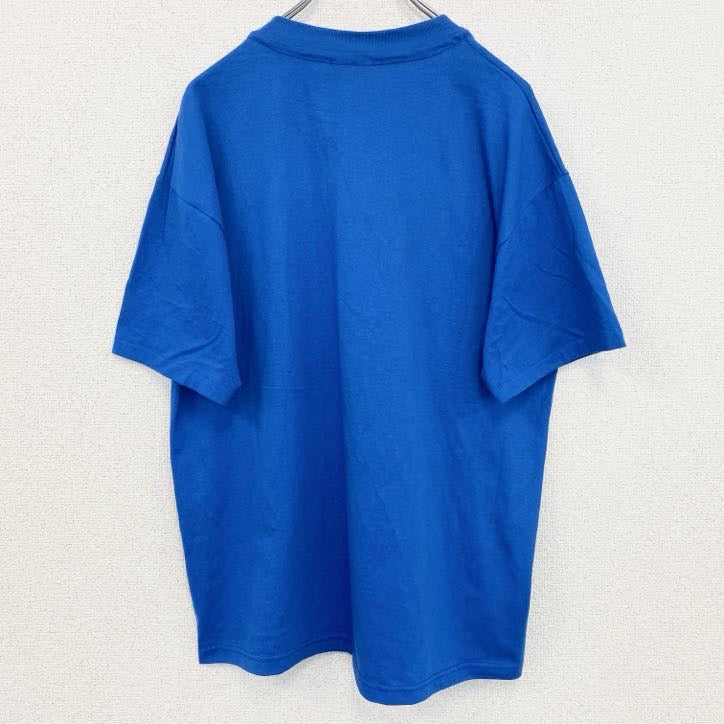 90s　半袖プリントTシャツ　5連プリント　シングルステッチ　ミュージック　カレッジロゴ　ヴィンテージ　青　ブルー　Lサイズ　古着