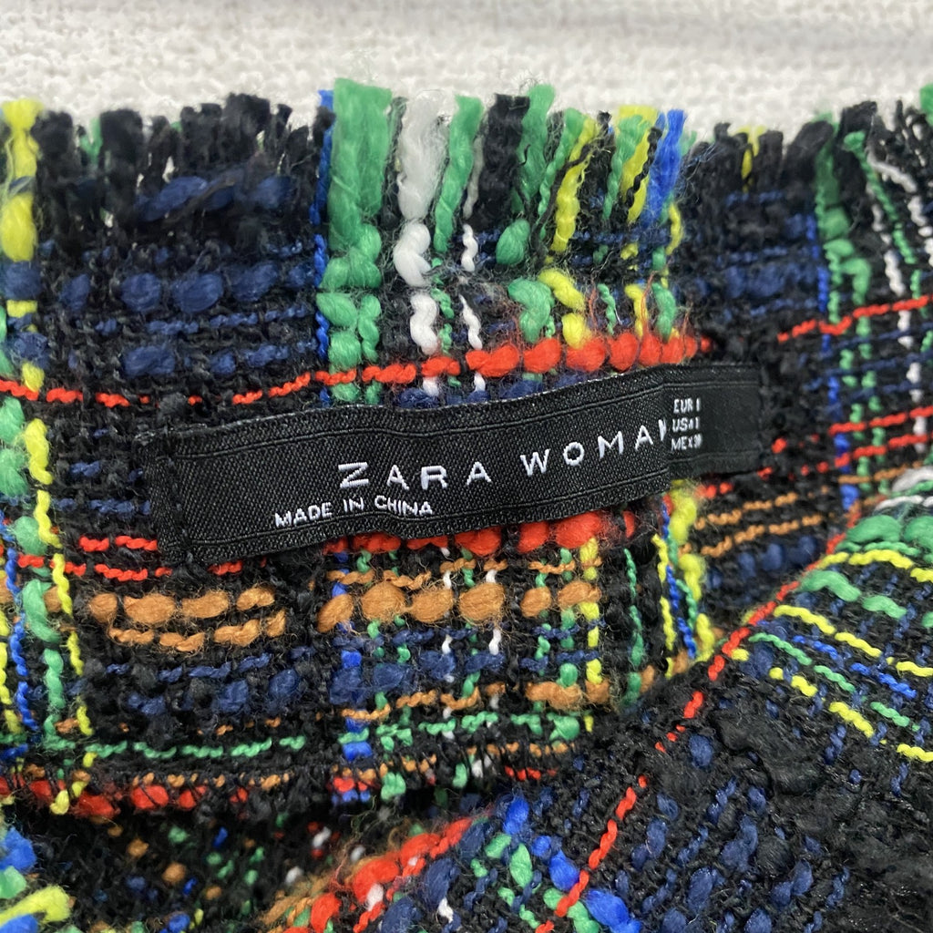 ZARA WOMAN　ザラ　ツイードフレアロングスカート　チェック柄　マルチカラー　黒　ブラック　1サイズ　古着