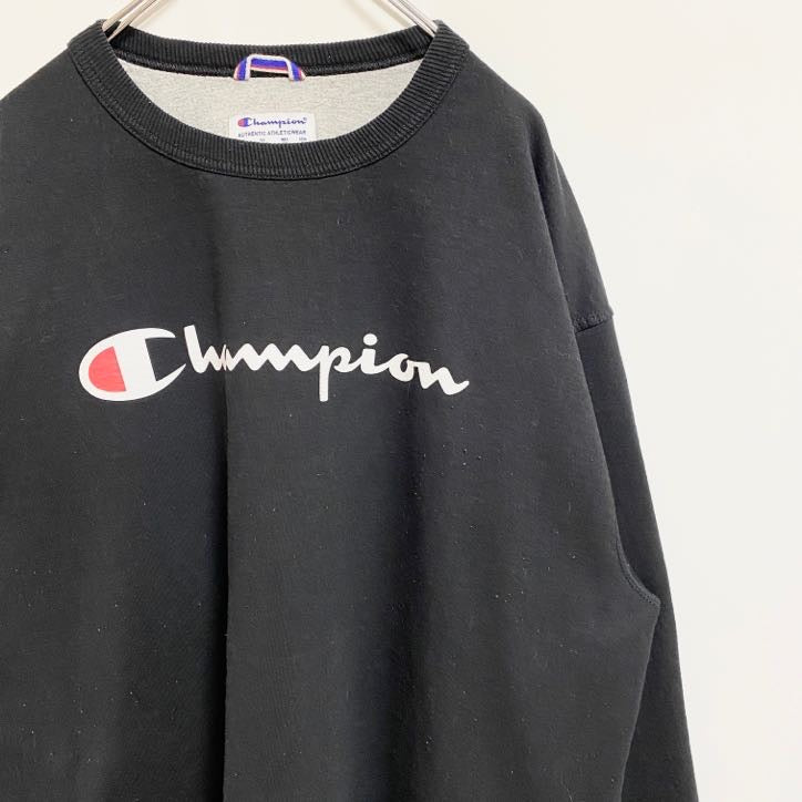 古着 used　Champion　チャンピオン　長袖プリントスウェット　トレーナー　黒　ブラック　ビッグシルエット　2XLサイズ