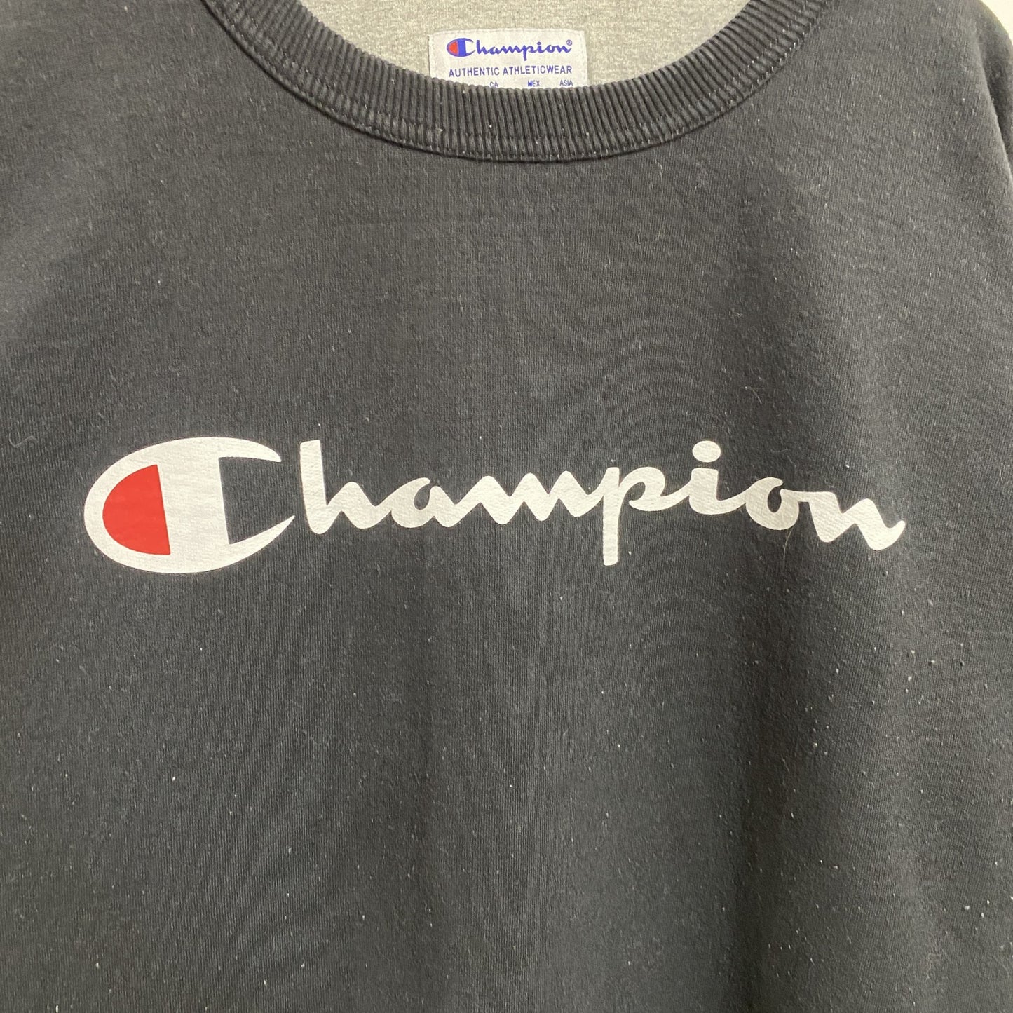 古着 used　Champion　チャンピオン　長袖プリントスウェット　トレーナー　黒　ブラック　ビッグシルエット　2XLサイズ