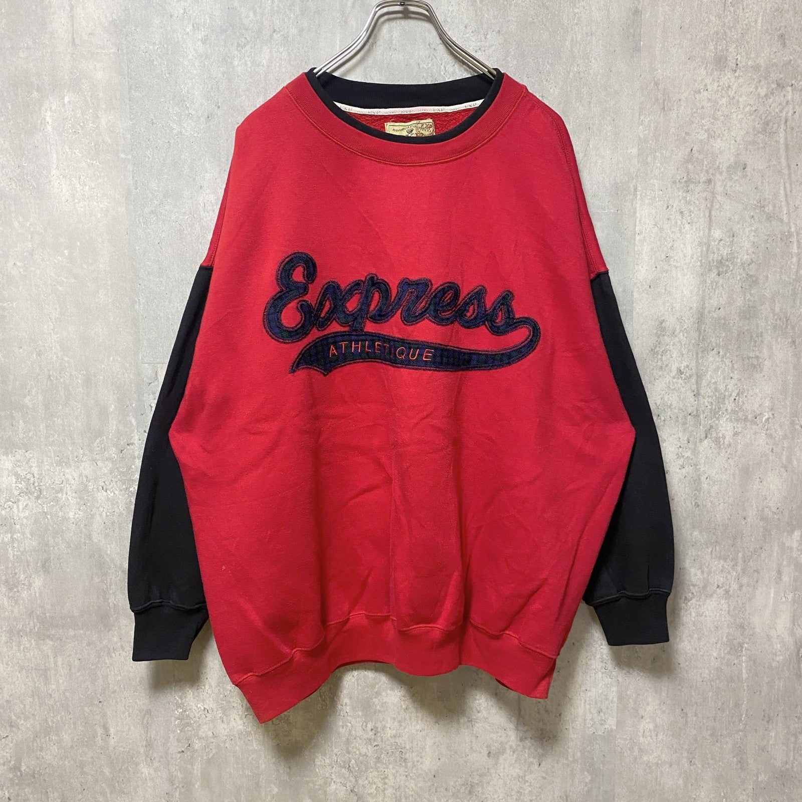 90s～　EXP　切り替えスウェット/トレーナー　ワッペン　英字プリント　ヴィンテージ　赤　レッド　黒　ブラック　Mサイズ　古着