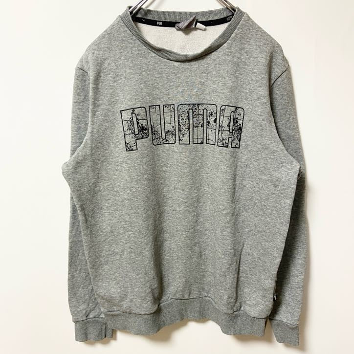 puma　プーマ　スウェット/トレーナー　デカロゴ　チェックロゴ　ストリート　スポーツミックス　クルーネック　灰色　グレー　Sサイズ　古着