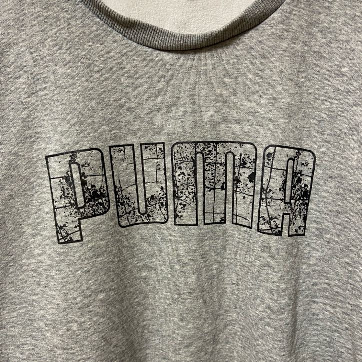puma　プーマ　スウェット/トレーナー　デカロゴ　チェックロゴ　ストリート　スポーツミックス　クルーネック　灰色　グレー　Sサイズ　古着