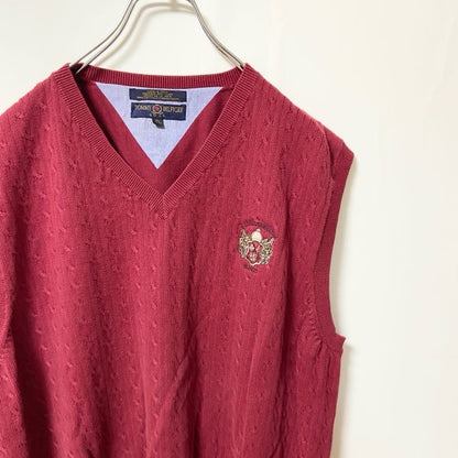 古着 used　TOMMY HILFIGER トミーヒルフィガー　Vネックコットンベスト　ケーブル編み　レッド　XLサイズ