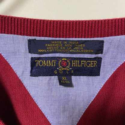 古着 used　TOMMY HILFIGER トミーヒルフィガー　Vネックコットンベスト　ケーブル編み　レッド　XLサイズ