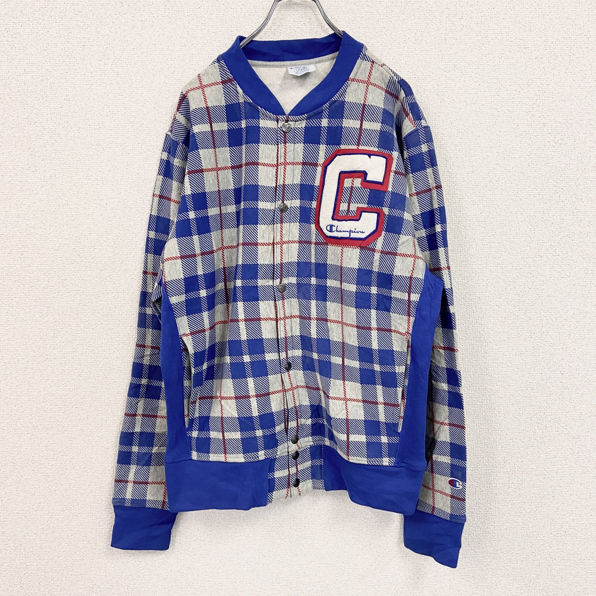 Champion　チャンピオン　リバースウィーブ　スウェットカーディガン　スタジャン　チェック柄　グレー　灰色　Lサイズ　古着