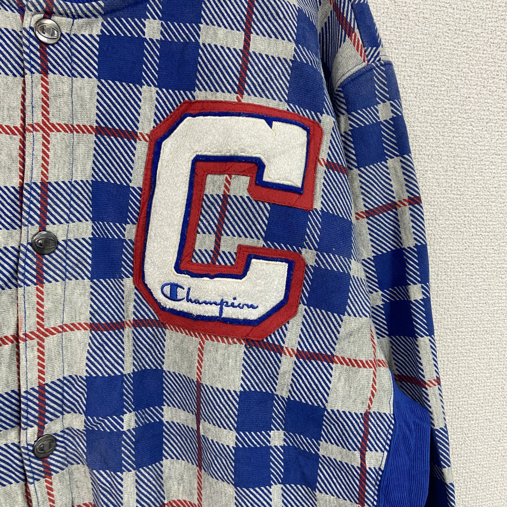 Champion　チャンピオン　リバースウィーブ　スウェットカーディガン　スタジャン　チェック柄　グレー　灰色　Lサイズ　古着