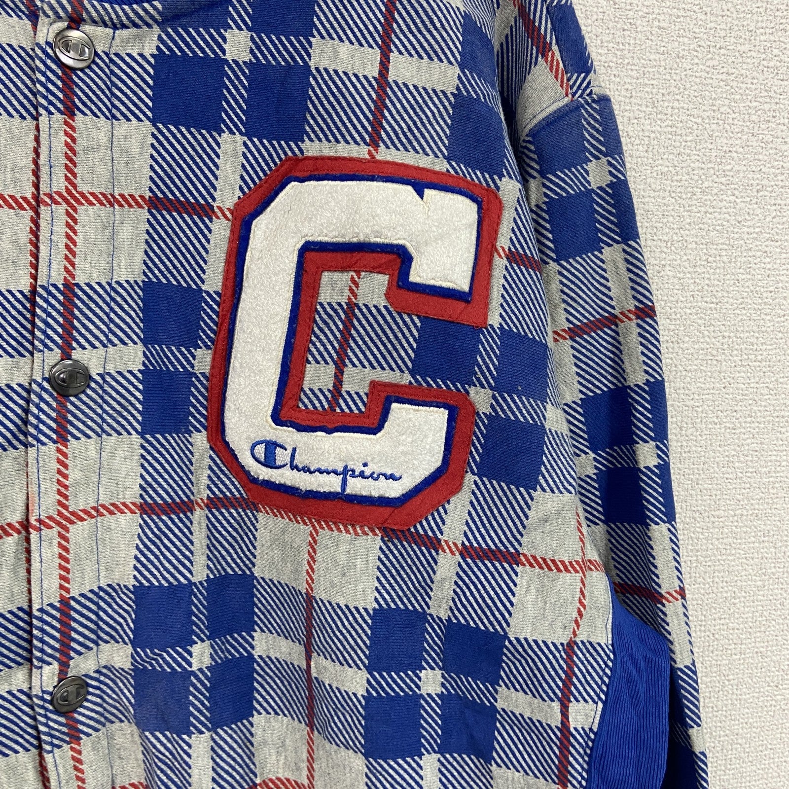 Champion　チャンピオン　リバースウィーブ　スウェットカーディガン　スタジャン　チェック柄　グレー　灰色　Lサイズ　古着